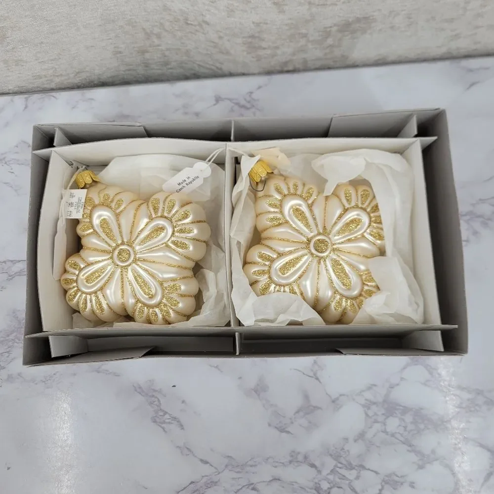 Vintage Gold and Cream Hand Blown and Painted Glass Ornaments European Artisan
